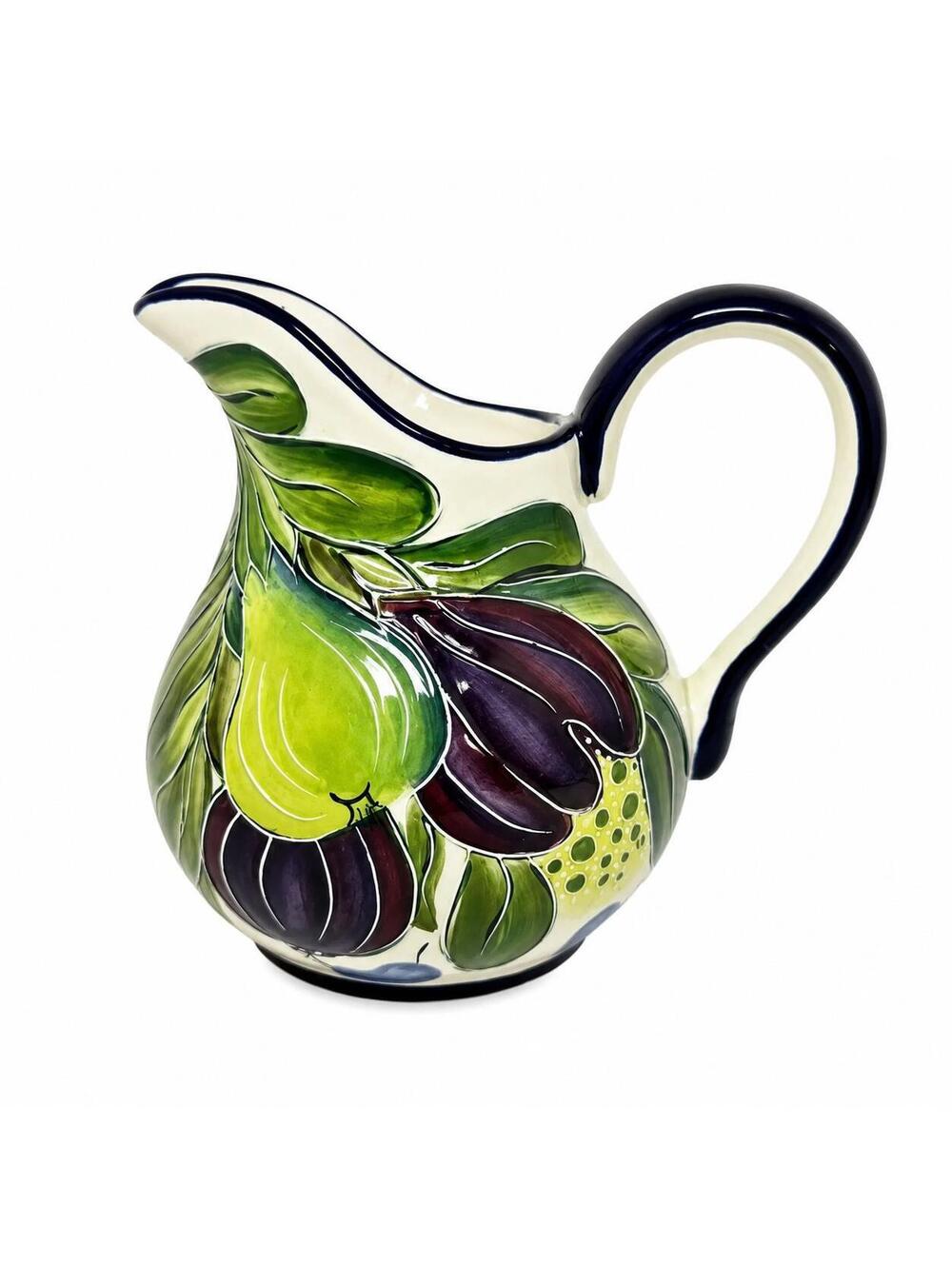 Hand-Painted  Embossed Ceramic Pitcher with Figs and Pomegranate Motif Blue Sky